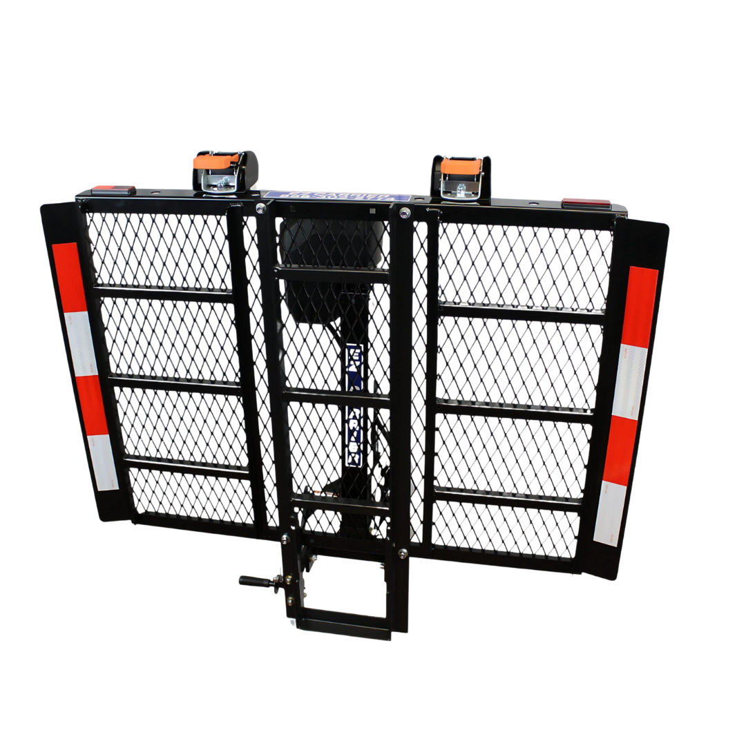 The EZ-Carrier Automatic Lift Fold Up Vehicle Mobility Carrier is a black metal wheelchair carrier with a mesh platform, foldable ramp, and red-and-white reflective side strips, shown hitch-mounted against a white background.